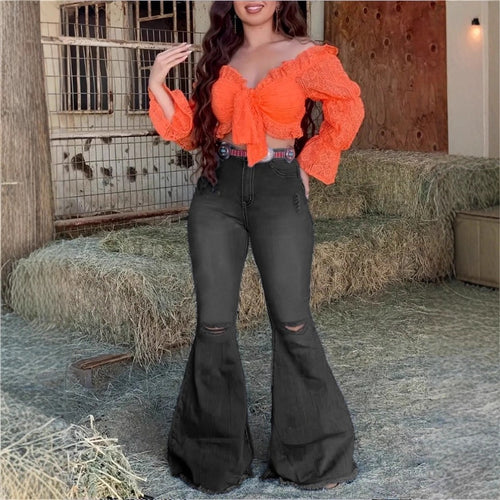 Damen Hochtaillierte Schlaghose-Jeans mit ausgestelltem Bein, Knie-Rissen und figurformendem Stretchbund Drune