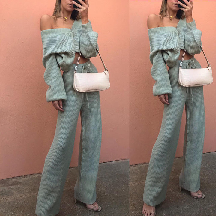 Damen geripptes Strick-Zweiteiler Set mit Cropped-Cardigan, Kordelzug-Hochbundhose und Komfortpassform Drune