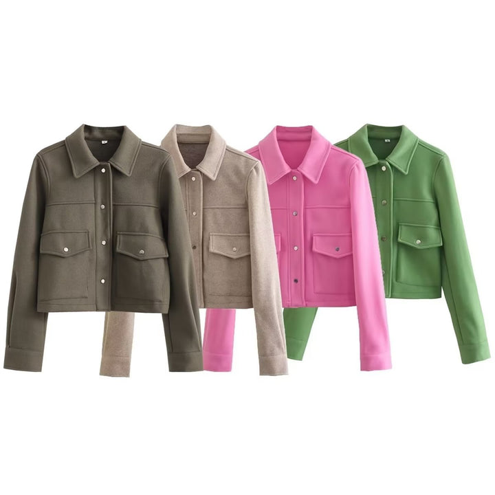 Damen nan kurz geschnittene Strukturierte Jacke im Boxy‑Style mit Hemdkragen und aufgesetzten Pattentaschen Drune