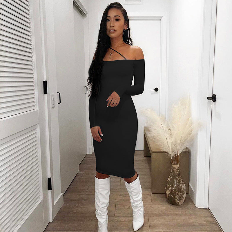Damen figurbetontes Off-Shoulder-Minikleid mit langen Ärmeln Drune
