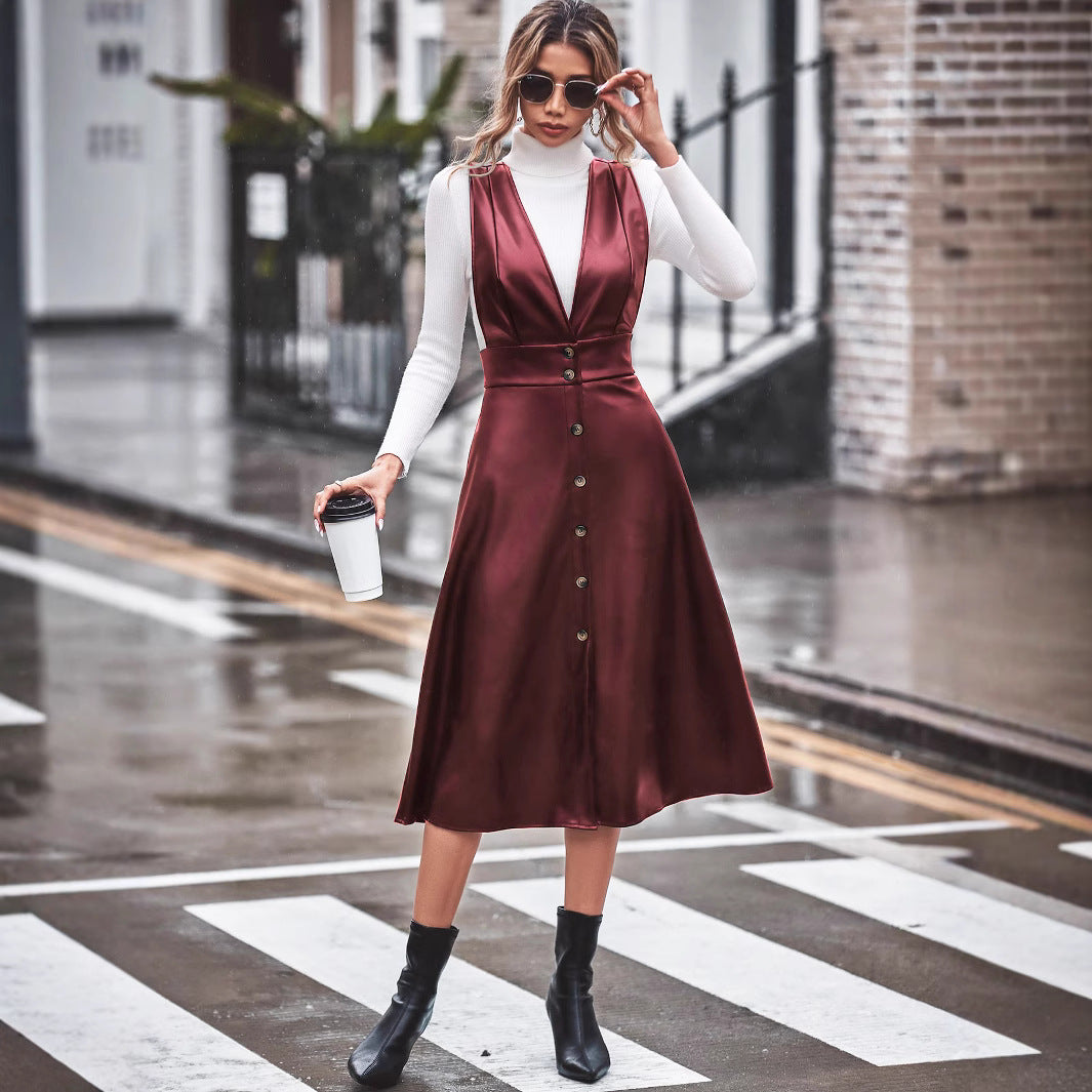 Damen elegantes Midikleid mit knöpfbarem Detail und tailliertem Schnitt Drune