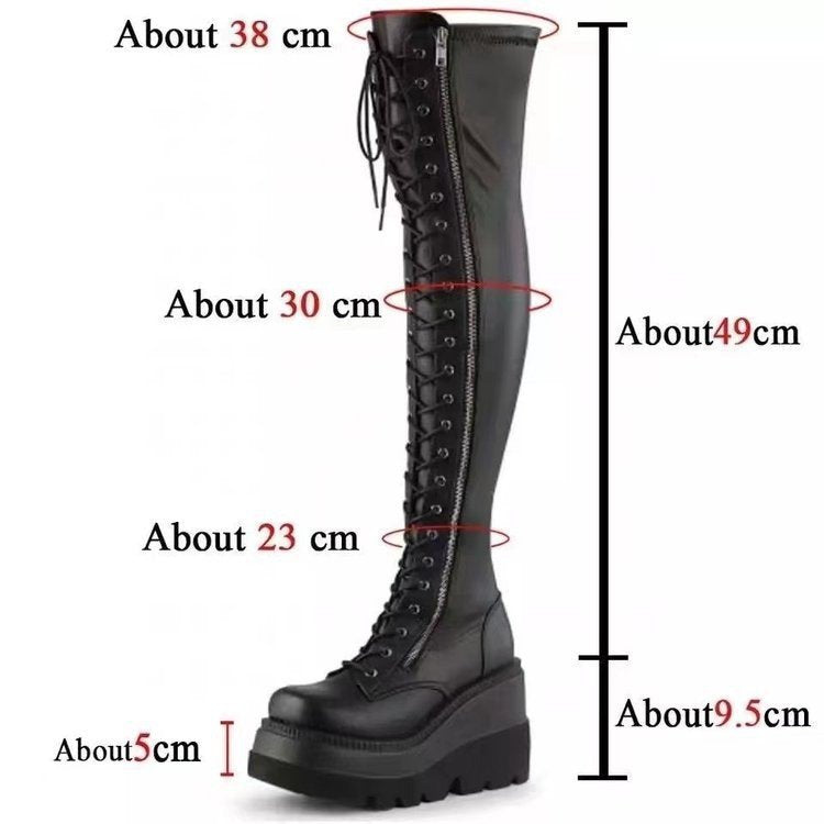 Damen Overknee-Boots im Biker-Stil mit durchgehender Schnürung, Seitenreißverschluss und klobiger Plateausohle Drune