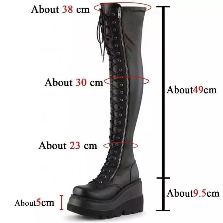 Damen Overknee-Boots im Biker-Stil mit durchgehender Schnürung, Seitenreißverschluss und klobiger Plateausohle Drune