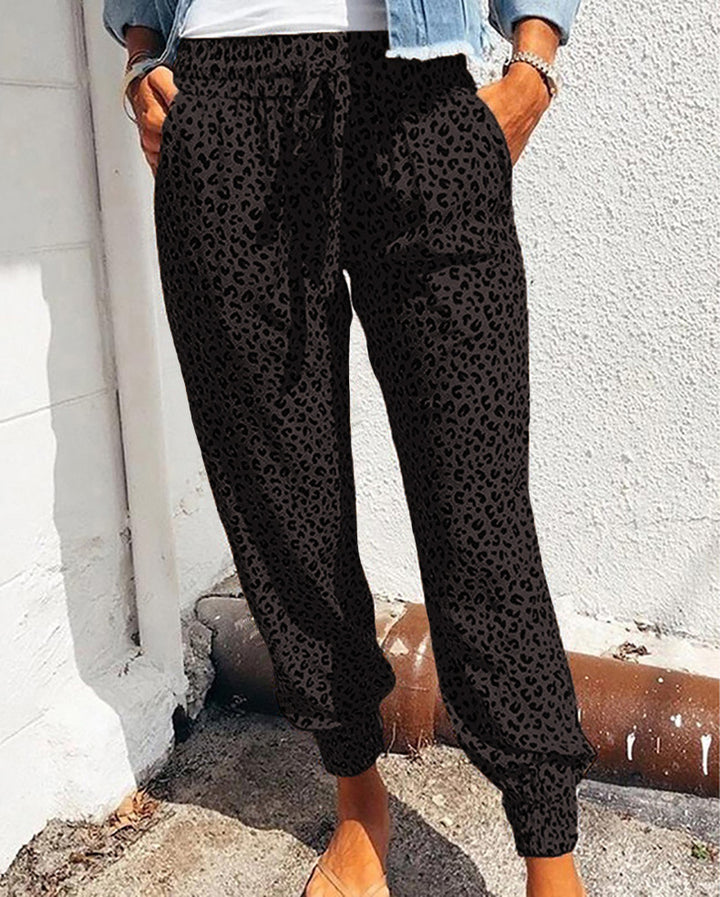 Damen nan lässige Leoparden-Print Jogginghose mit Tunnelzug, Eingrifftaschen und elastischen Bündchen Drune