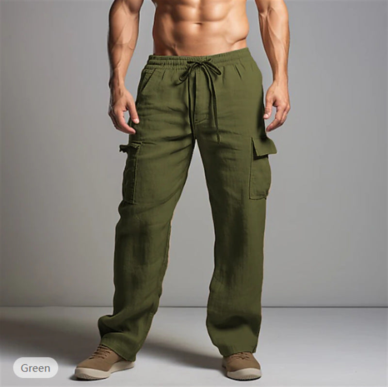Herren leichte Leinen Cargohose mit elastischem Bund und großen Seitentaschen Drune