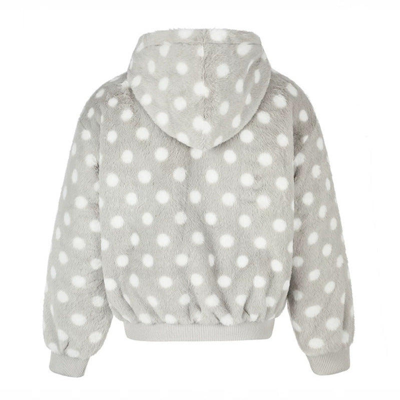 Damen Kapuzen-Fleecejacke im Bomberstil mit Polka‑Dot und dekorativen Froschknopf-Details Drune