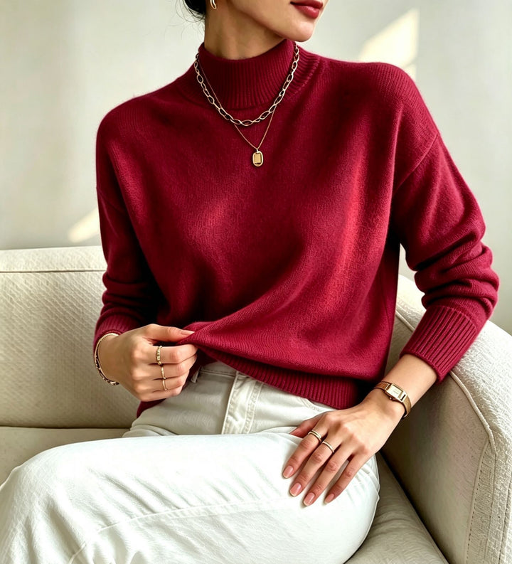 Damen kuscheliger Feinstrickpullover mit Stehkragen und überschnittener Schulter Drune