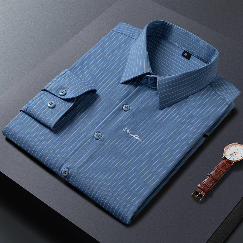 Herren Klassisches gestreiftes Business‑Hemd aus Baumwollmix mit Kentkragen und Brustlogo Drune