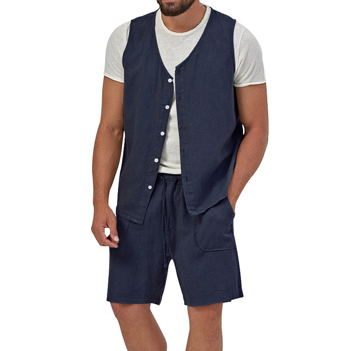 Herren nan zweiteiliges Freizeit-Set mit ärmelloser Knopfweste und weiten Kordelzug-Shorts mit aufgesetzten Taschen Drune