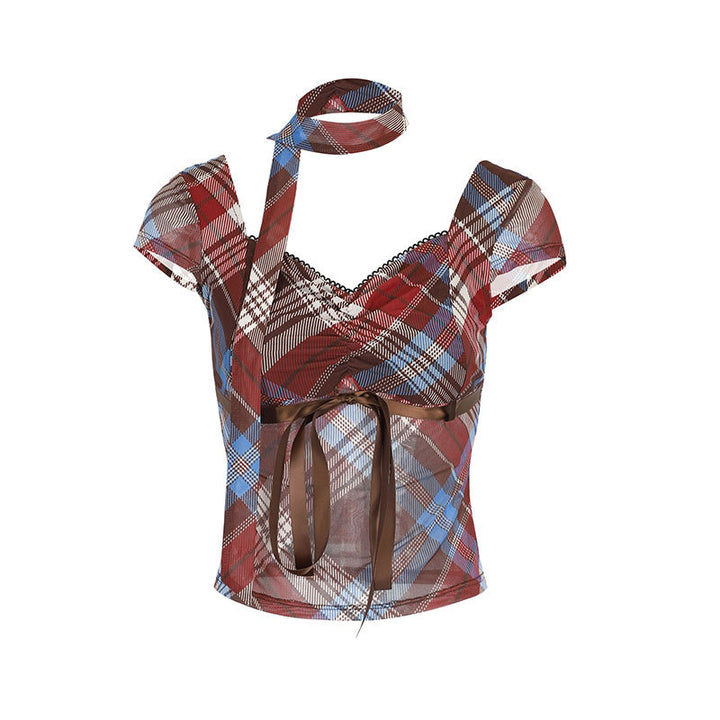 Damen Elegantes Karomuster-Bluse mit verstellbarem Bindegürtel und Spitzenakzenten Drune