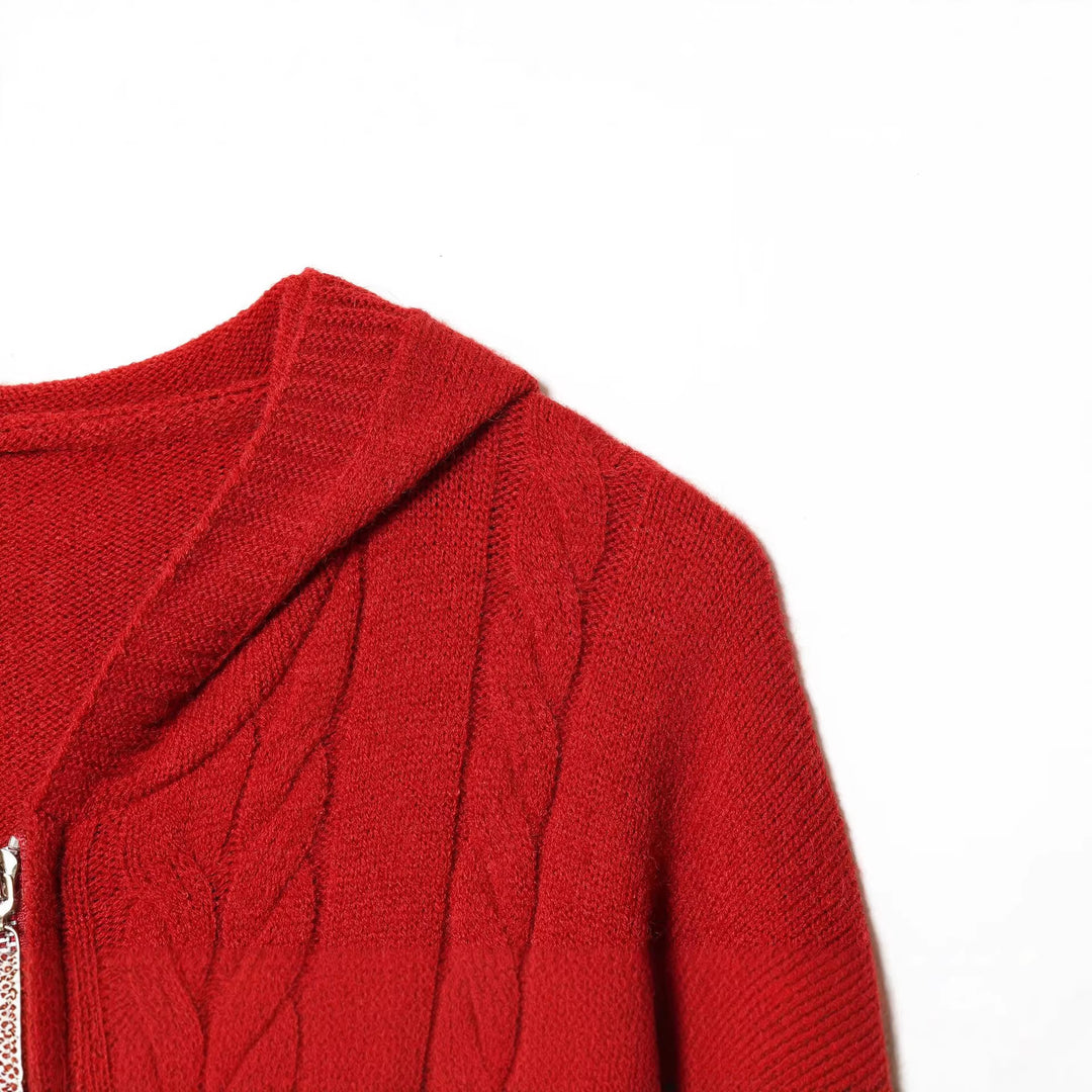 Damen Kapuzen-Strickjacke mit Zopfmuster und durchgehendem Reißverschluss Drune