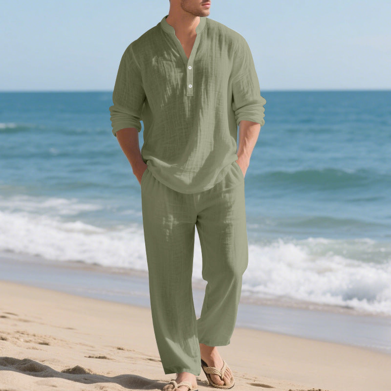 Herren komfortables Homewear-Set mit eleganter Knopfleiste und langen Hosen Drune