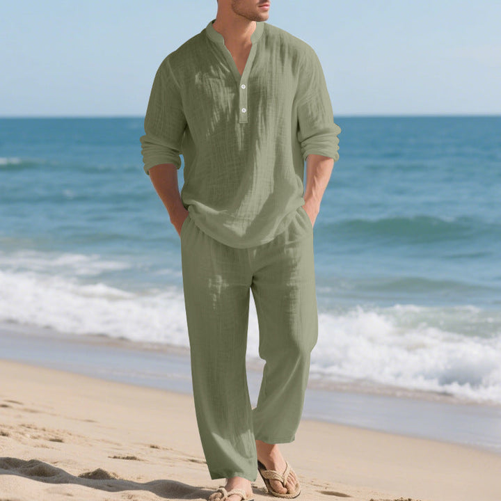 Herren komfortables Homewear-Set mit eleganter Knopfleiste und langen Hosen Drune