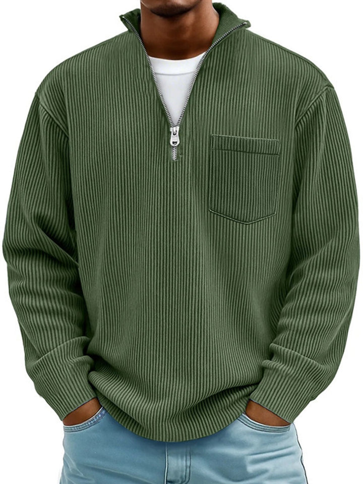 Herren Rippstrickpullover mit kurzem Reißverschluss und Brusttasche EB