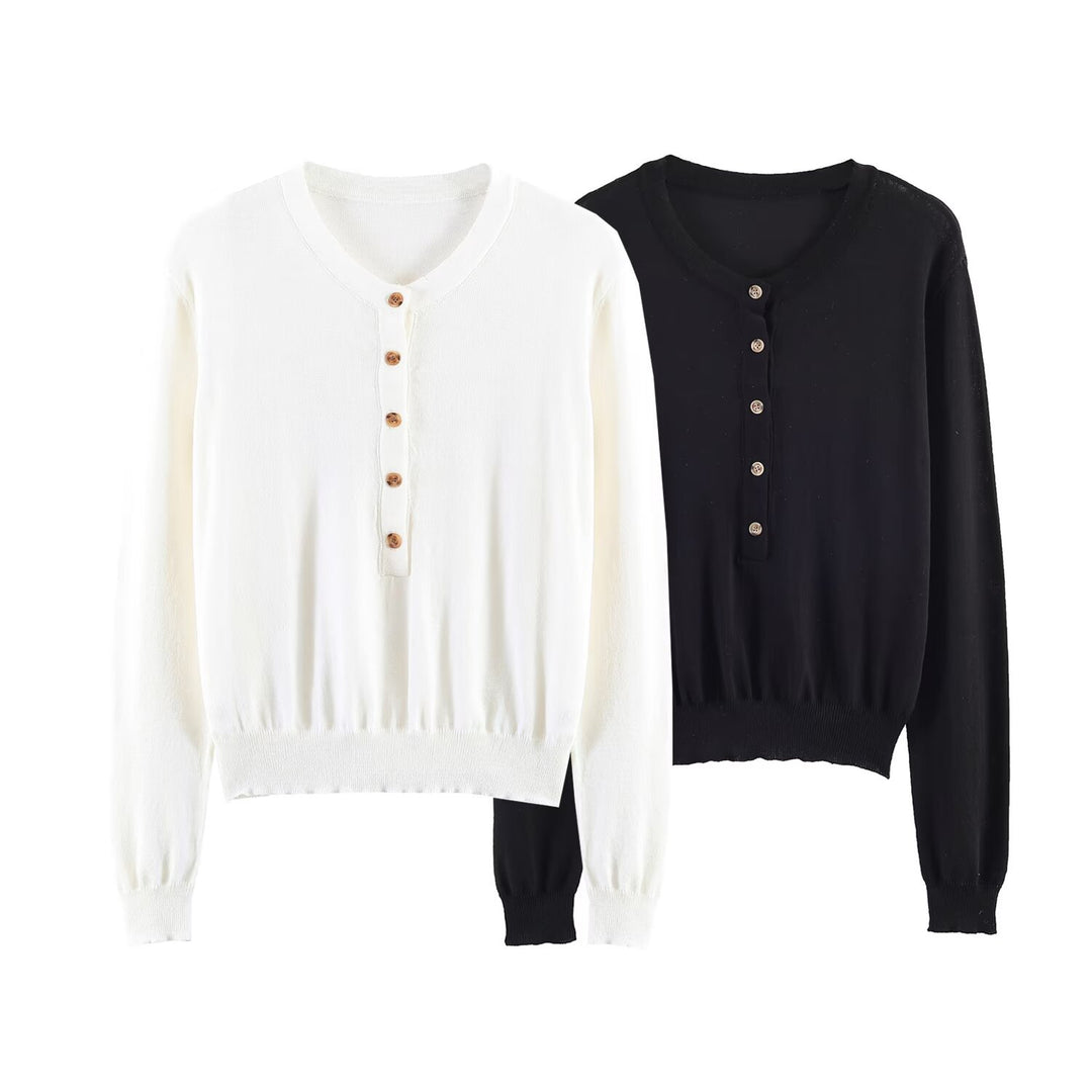 Damen Feiner Strickpullover mit Henley-Knopfleiste, V-Ausschnitt und gerafftem Bund Drune