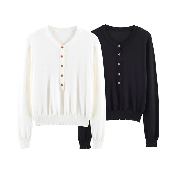 Damen Feiner Strickpullover mit Henley-Knopfleiste, V-Ausschnitt und gerafftem Bund Drune