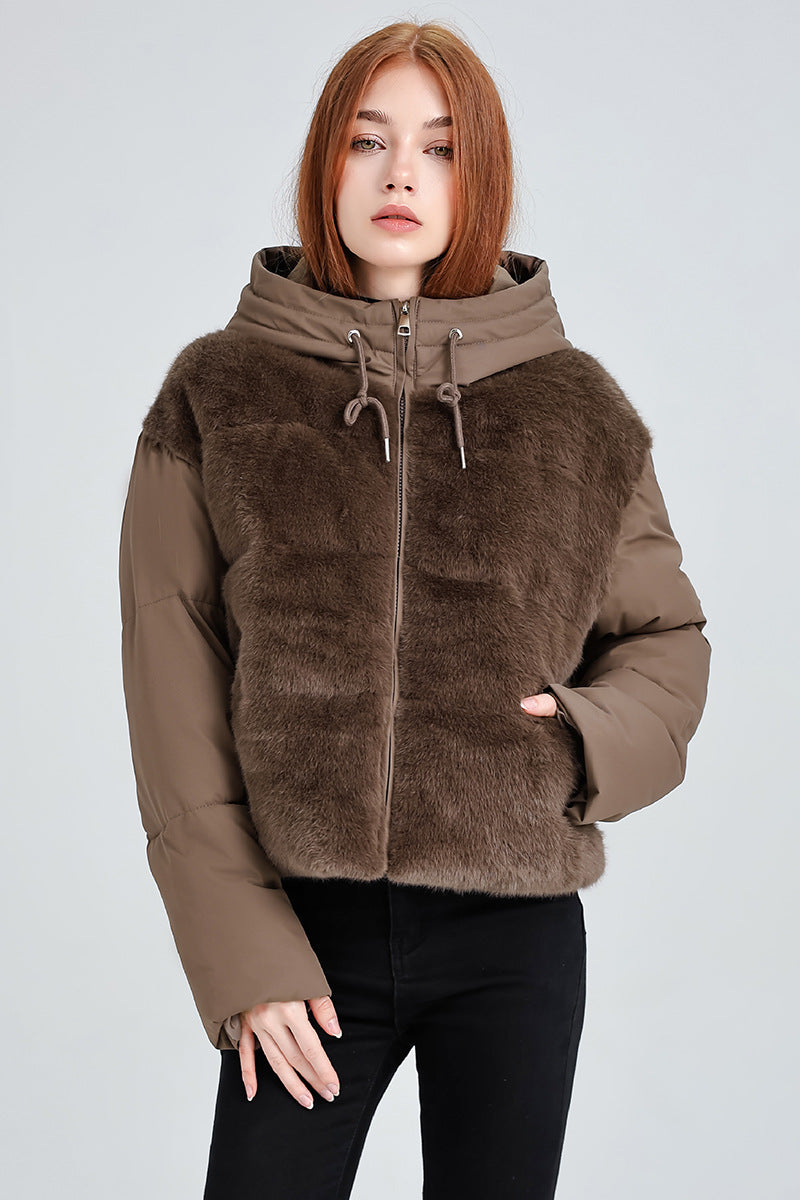 Damen Kurze Hybrid-Winterjacke mit samtiger Kunstfellfront und Kapuzenkragen Drune