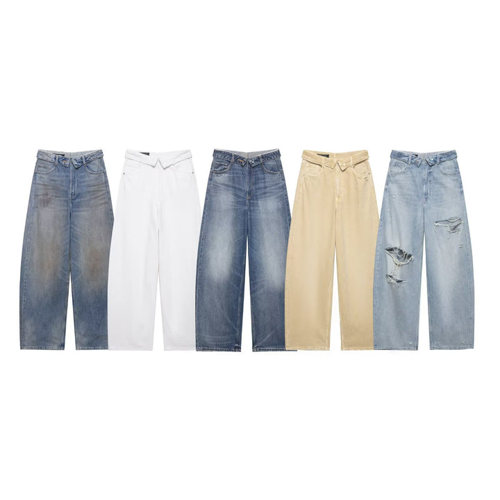 Damen nan weite Highwaist-Jeans im Vintage-Look mit ausgefransten Rissen Drune