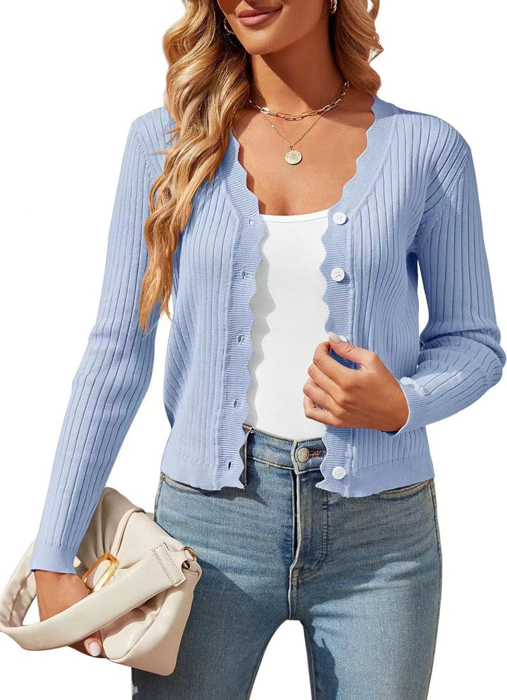 Damen elegante Strickjacke mit Wellenkante Drune