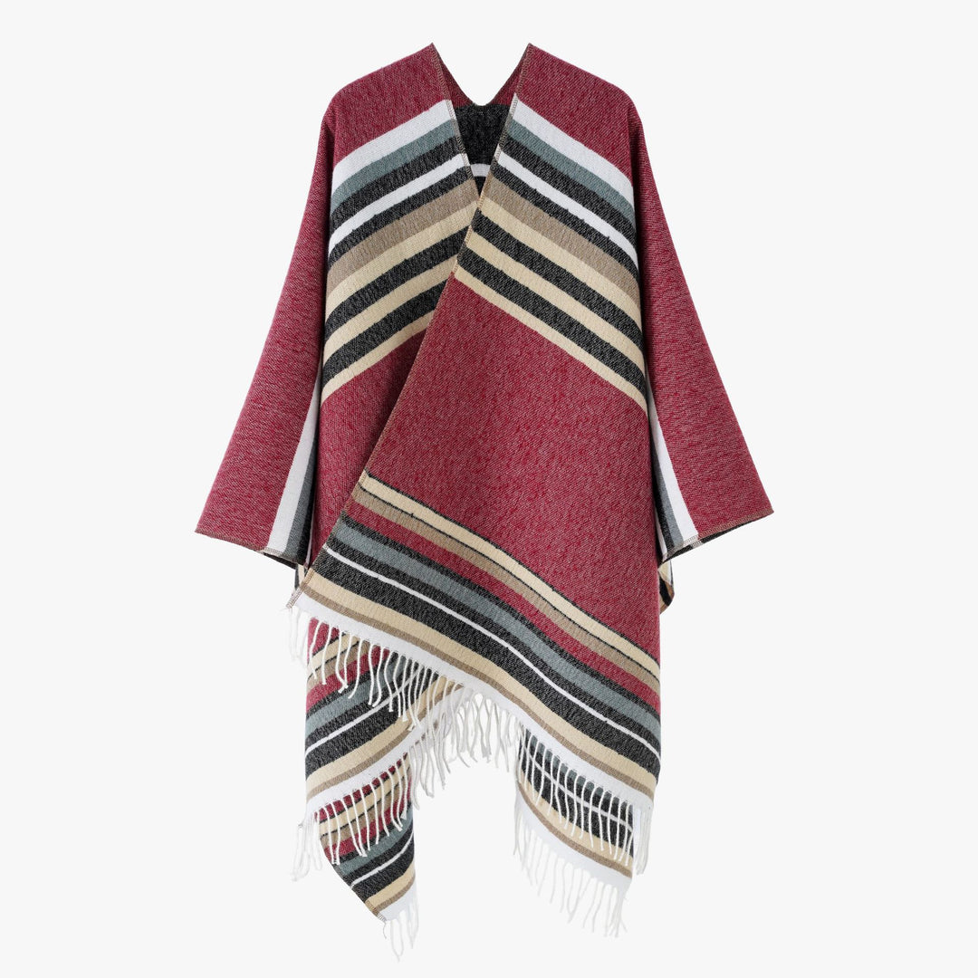 Damen kastiger Capeponcho mit V-Ausschnitt, feinem Fransensaum und gestreifter Webstruktur Drune