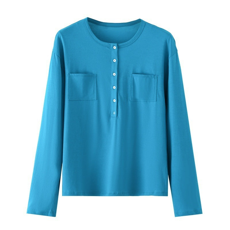 Damen Langarm-Henleyshirt aus Baumwollmix mit Rundhalsausschnitt, Brusttaschen und lockerer Passform Drune