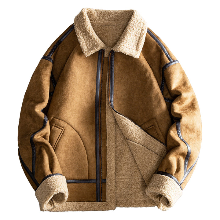 Men's  shearling-style lined suede-effect bomber jacket with leather-effect seam trim Drune