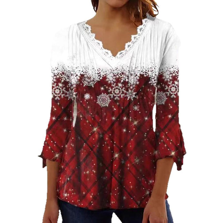 Damen nan Tunika-Bluse mit Spitzen-V-Ausschnitt, feiner Plissee-Passe und winterlichem Schneeflocken-Print Drune