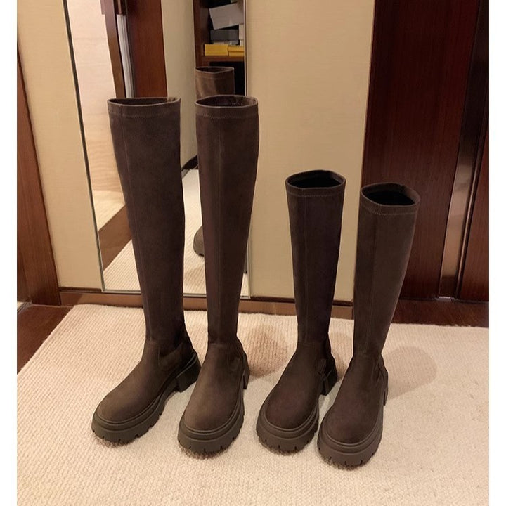 Damen Wadenhohe Veloursleder-Stiefel mit markanter Lug‑Profilsohle und elastischem Schlupfschaft Drune