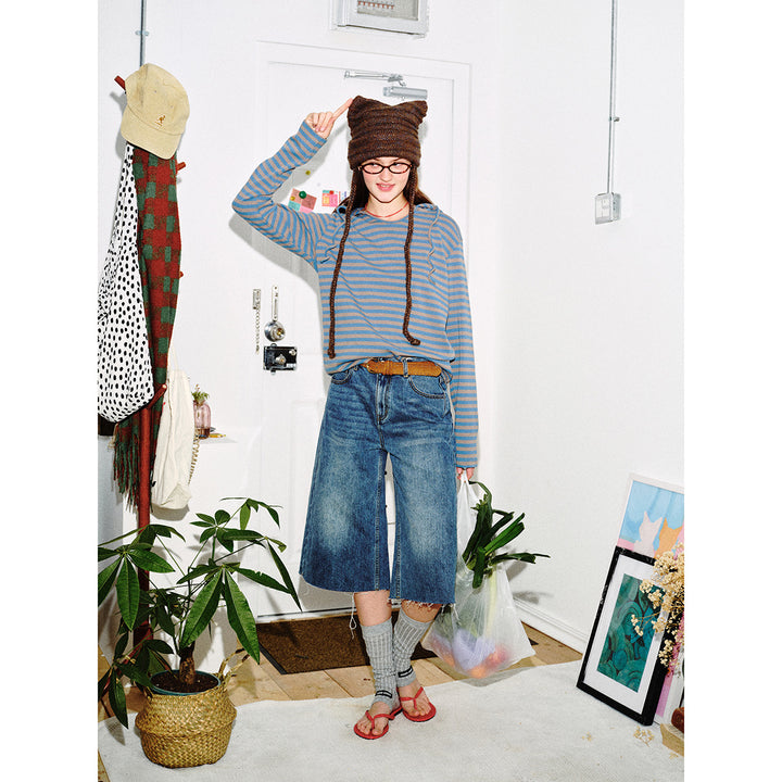 Damen Gestreiftes Langarm-Hoodie-Shirt mit V‑Ausschnitt und Kapuzenband Drune