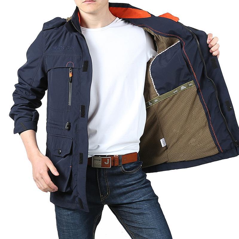 Herren Utility-Fieldjacke mit Kapuze, Multifunktionstaschen und Taillenzug Drune