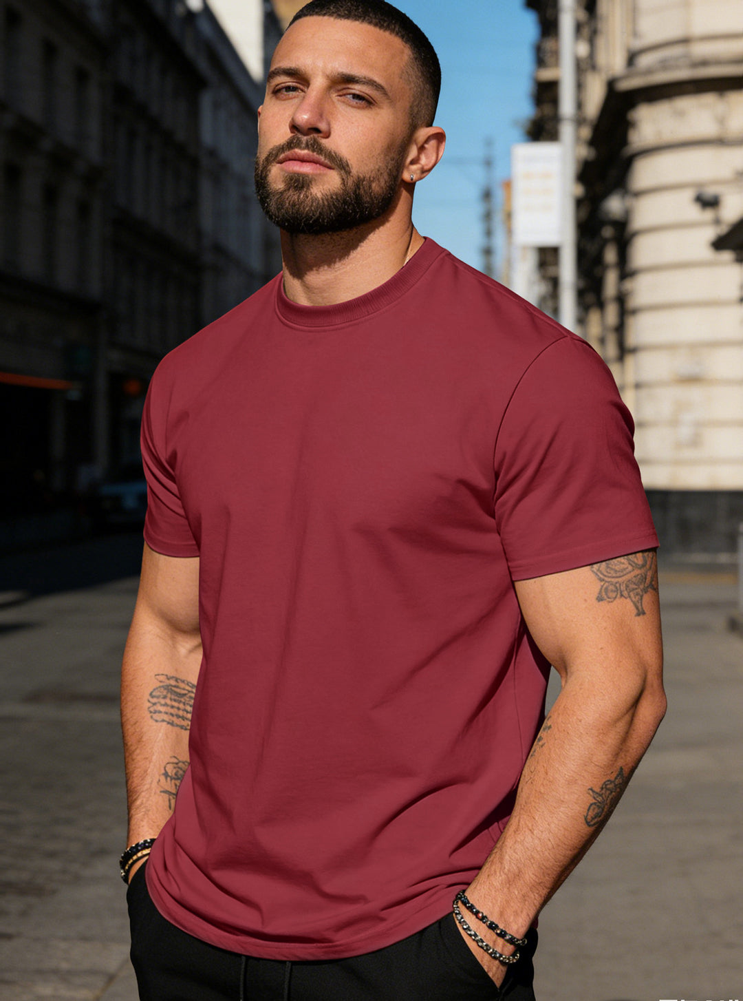 Herren nan körperbetontes hochwertiges Baumwollshirt mit Rundhalsausschnitt Drune