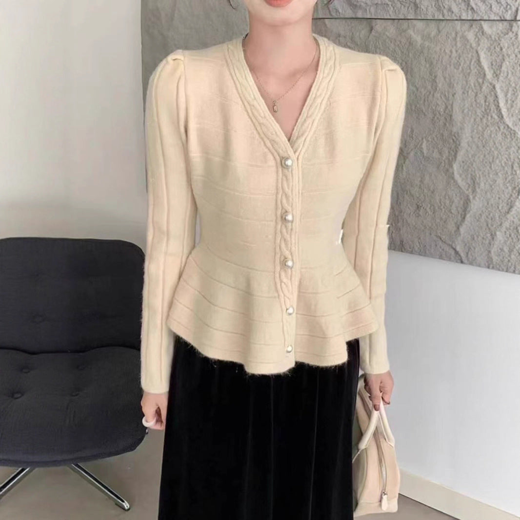 Damen elegante Strickjacke mit strukturiertem Design und femininen Puffärmeln Drune