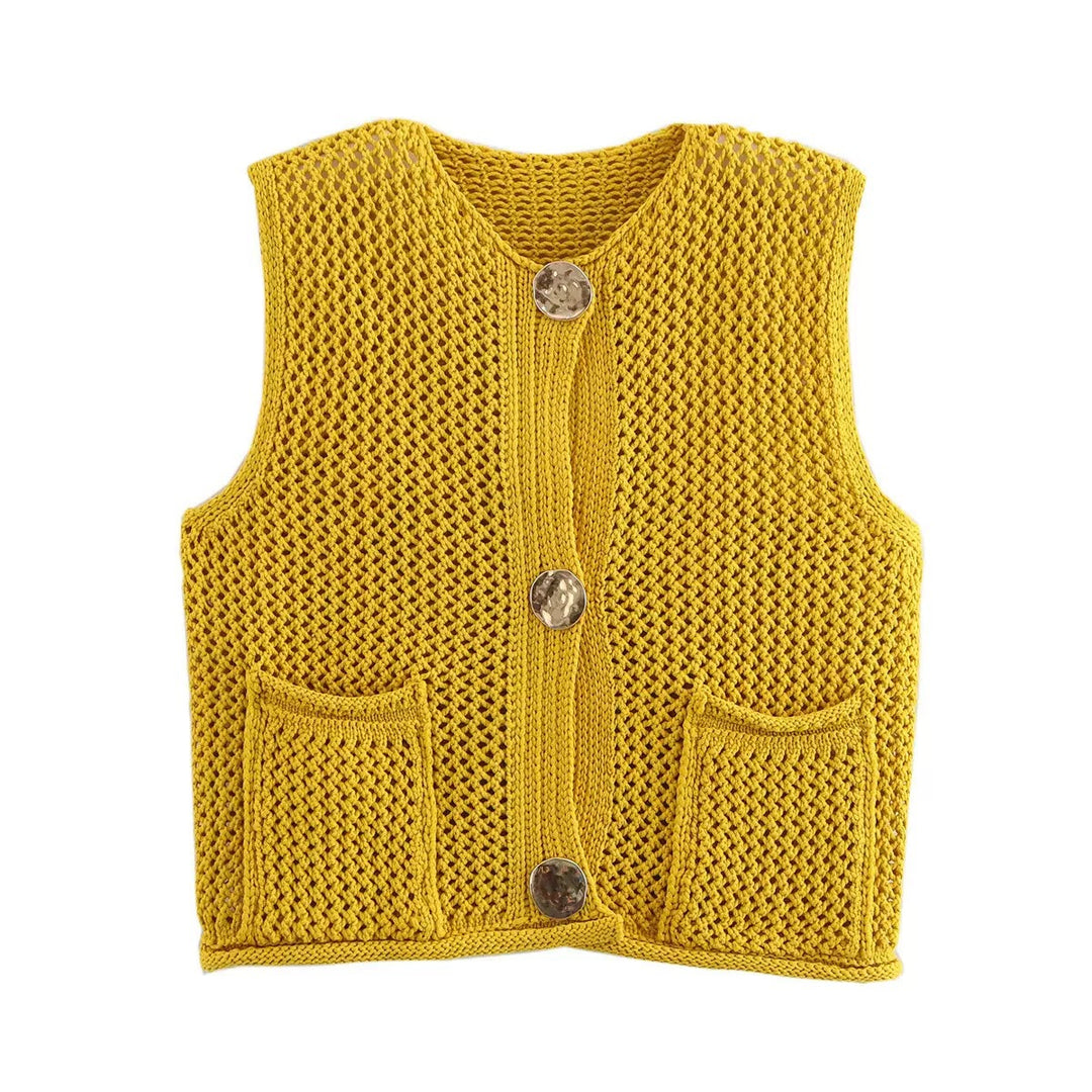 Damen gehäkelte Strickweste mit großen Zierknöpfen und Aufsatztaschen Drune