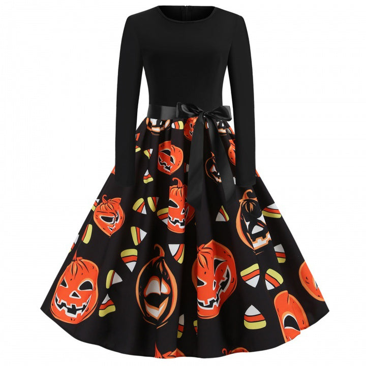 Damen Retro Swing-Kleid mit Halloween Kürbisprint und Taillenschleife Drune