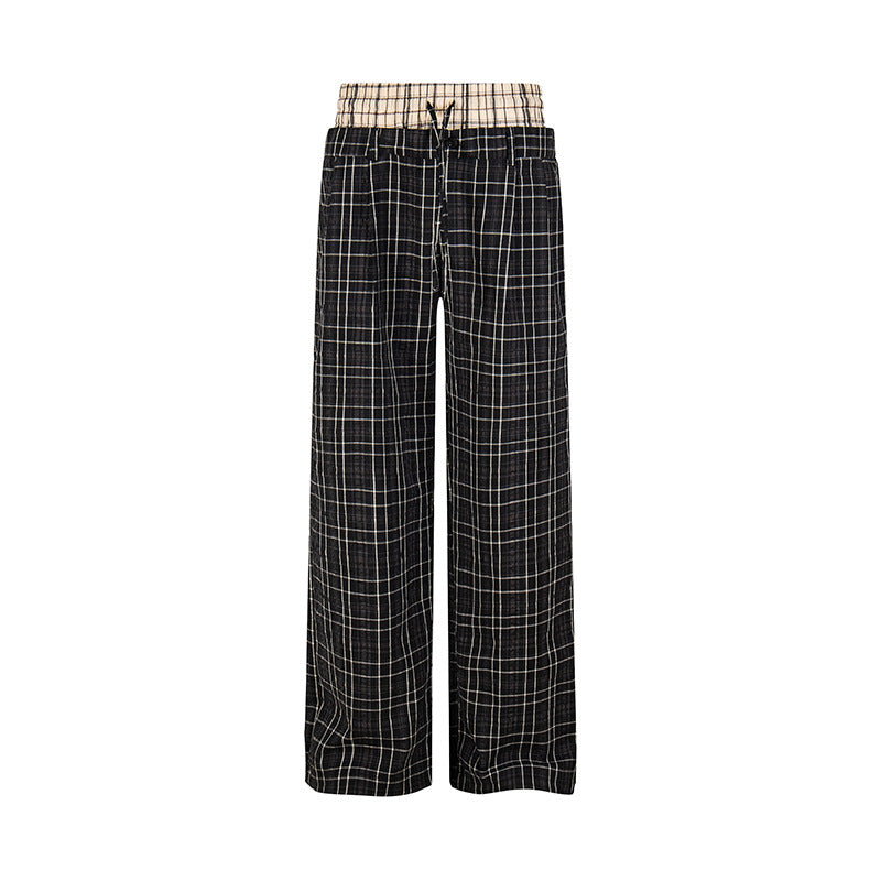Damen Weite Karierte Loungewear‑Hose mit hohem Komfortbund und Kordelzug Drune
