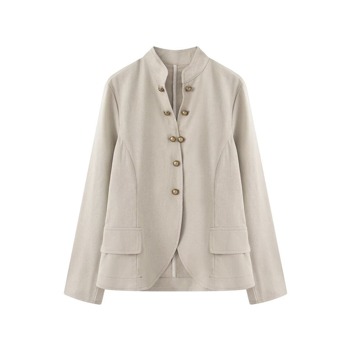 Damen Elegante Kurzjacke mit Stehkragen, Zierriegelknöpfen und Pattentaschen Drune
