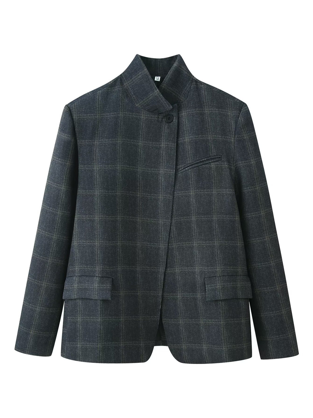 Damen Karierter Kurzblazer mit Stehkragen und Pattentaschen Drune