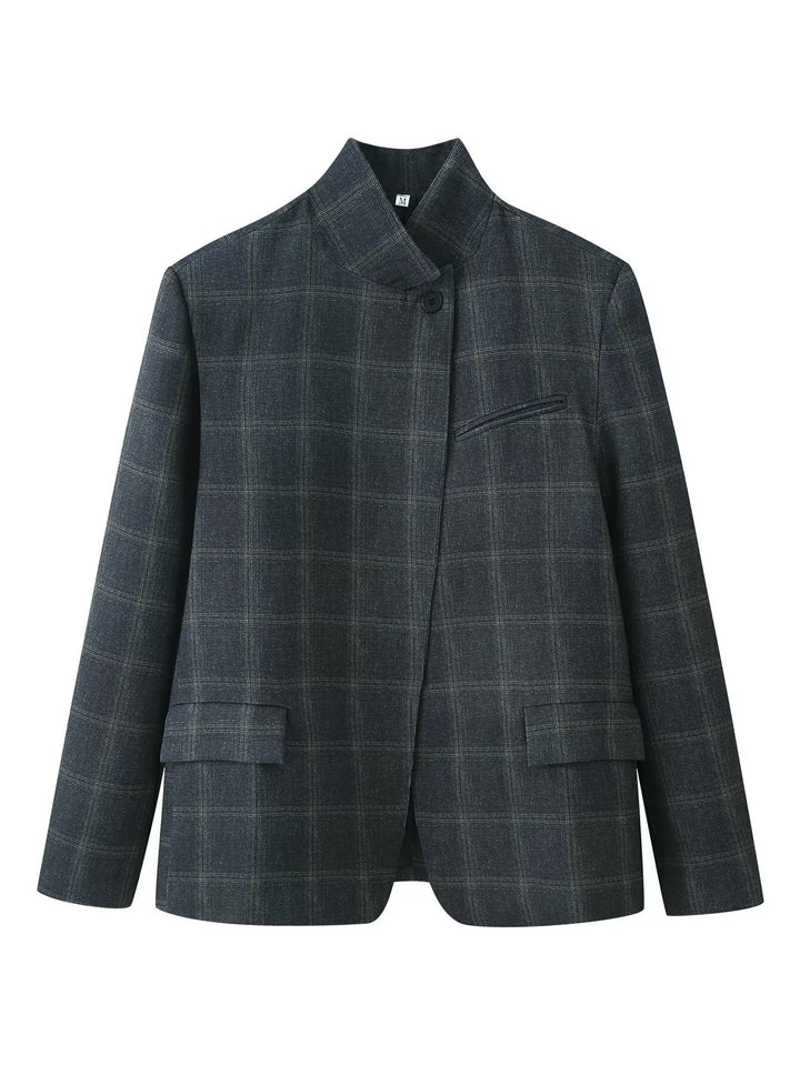 Damen Karierter Kurzblazer mit Stehkragen und Pattentaschen Drune