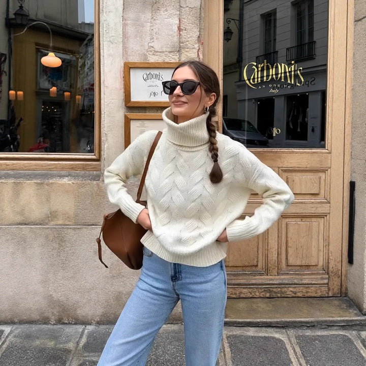 Damen gemütlicher Pullover mit hohem Kragen und Kabelstrick Drune