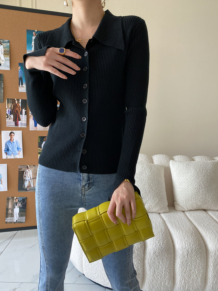 Damen Elegantes Strickoberteil mit großem Kragen Drune