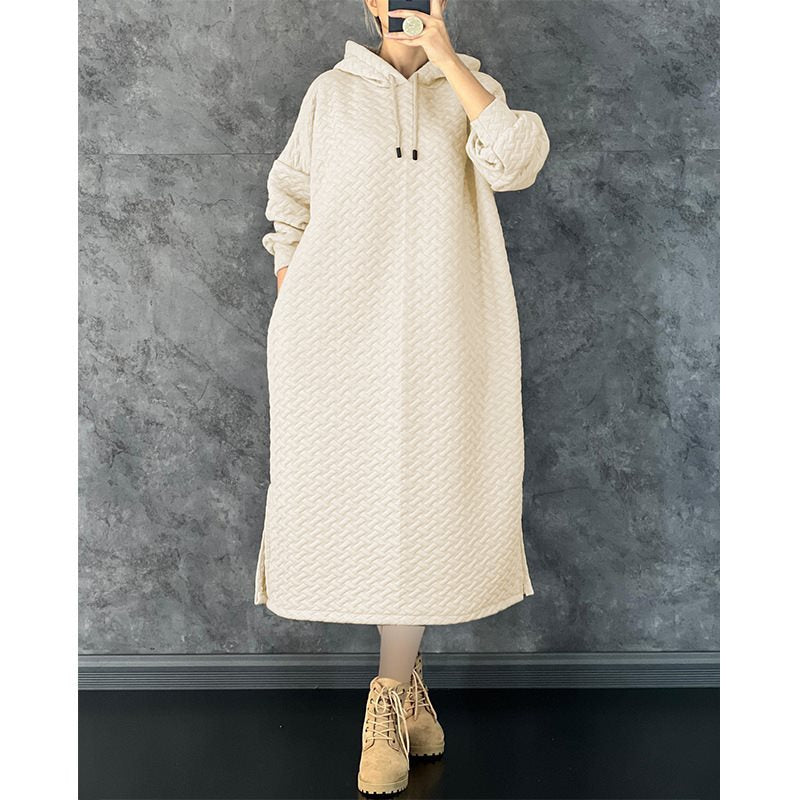 Damen lässiges Sweatshirt-Kleid mit Kapuze und seitlichen Schlitzen Drune
