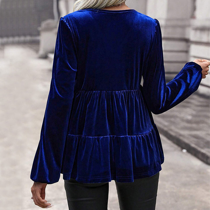 Damen samtiges Volant‑Peplum‑Top mit V‑Ausschnitt, geraffter Taille und langen Ballonärmeln Drune
