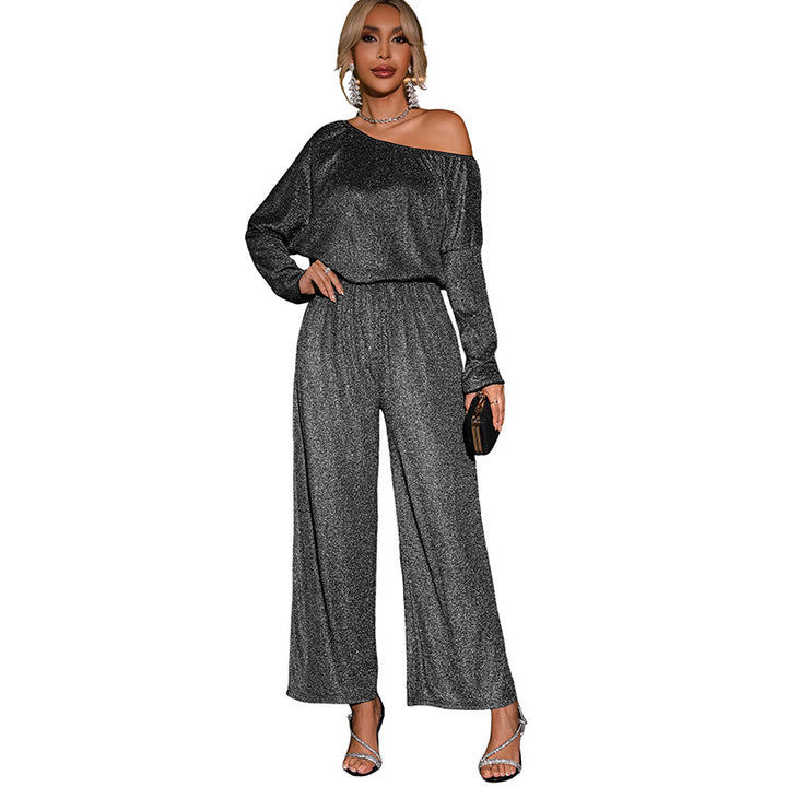 Damen Eleganter Glitzer-Einteiler mit One-Shoulder, weitem Hosenbein und tailliertem Gummibund Drune