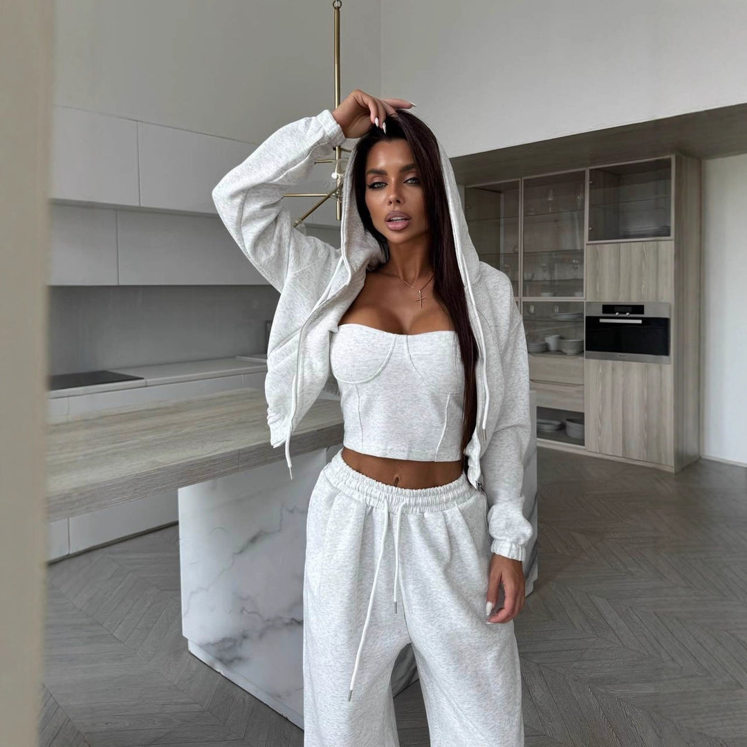 Damen Sculpting-Corsagen-Crop mit Kapuzen-Zipjacke und weiter High-Waist-Jogginghose Drune