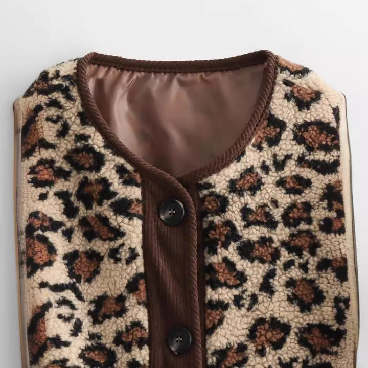 Damen nan Lammfellimitat Jacke mit Leopardmuster, Cordbesatz, durchgehender Knopfleiste und aufgesetzten Taschen Drune