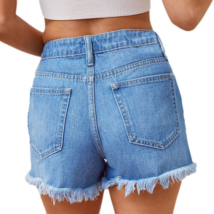 Damen Jeansshorts mit Destroyed-Effekten und fransendem Saum Drune