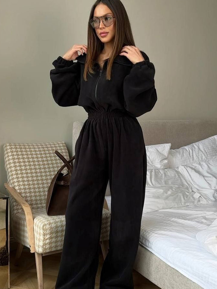 Damen kuscheliger Plüsch-Jumpsuit mit halbem Reißverschluss und elastischer Taille Drune