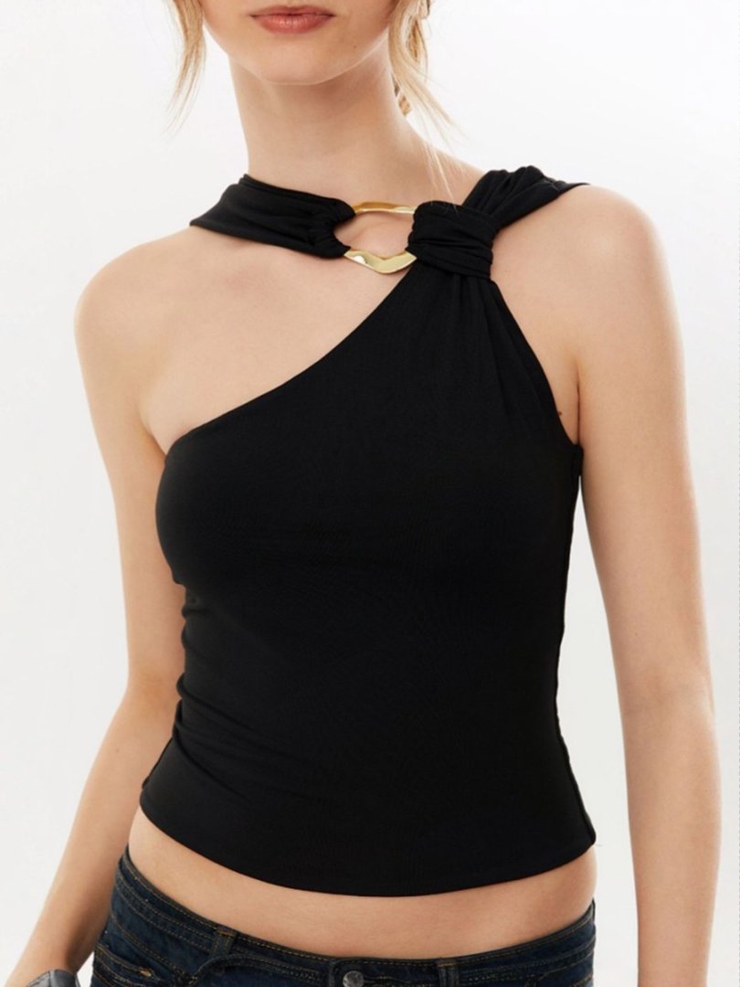 Damen Elegante asymmetrische Bluse mit goldener Schnalle Drune