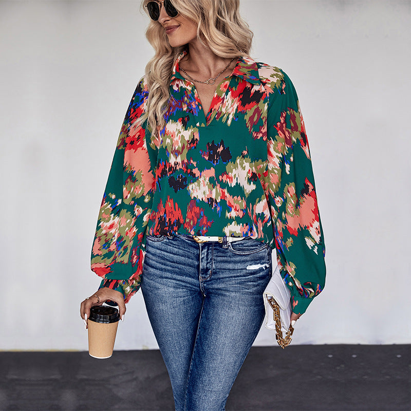 Damen Weites Blusenshirt mit Hemdkragen, abstraktem Print und Ballonärmeln Drune