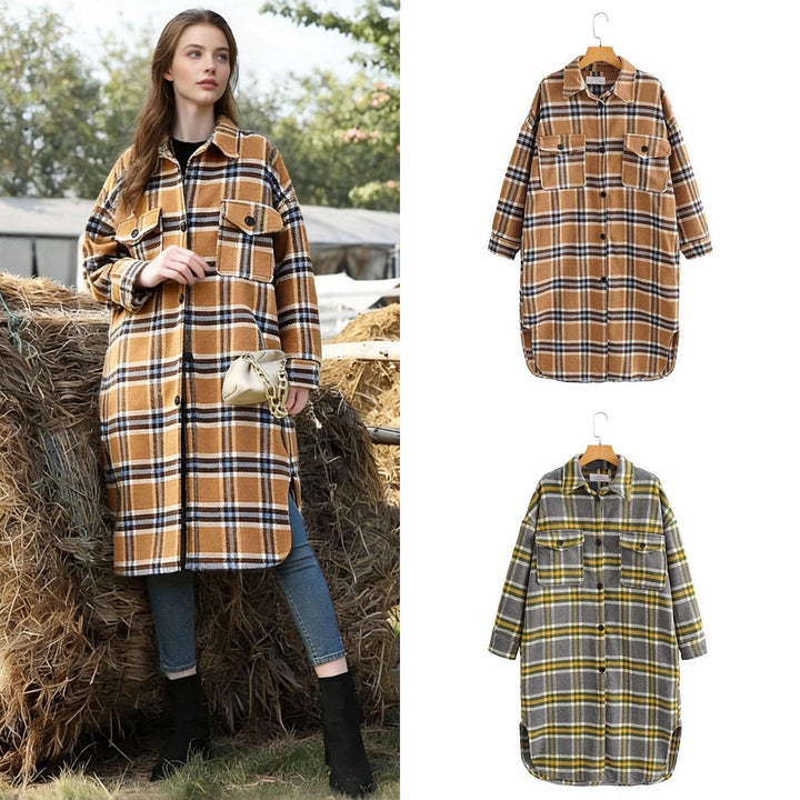 Damen Oversize Karo-Hemdjacke im Longline-Cut mit aufgesetzten Brusttaschen Drune